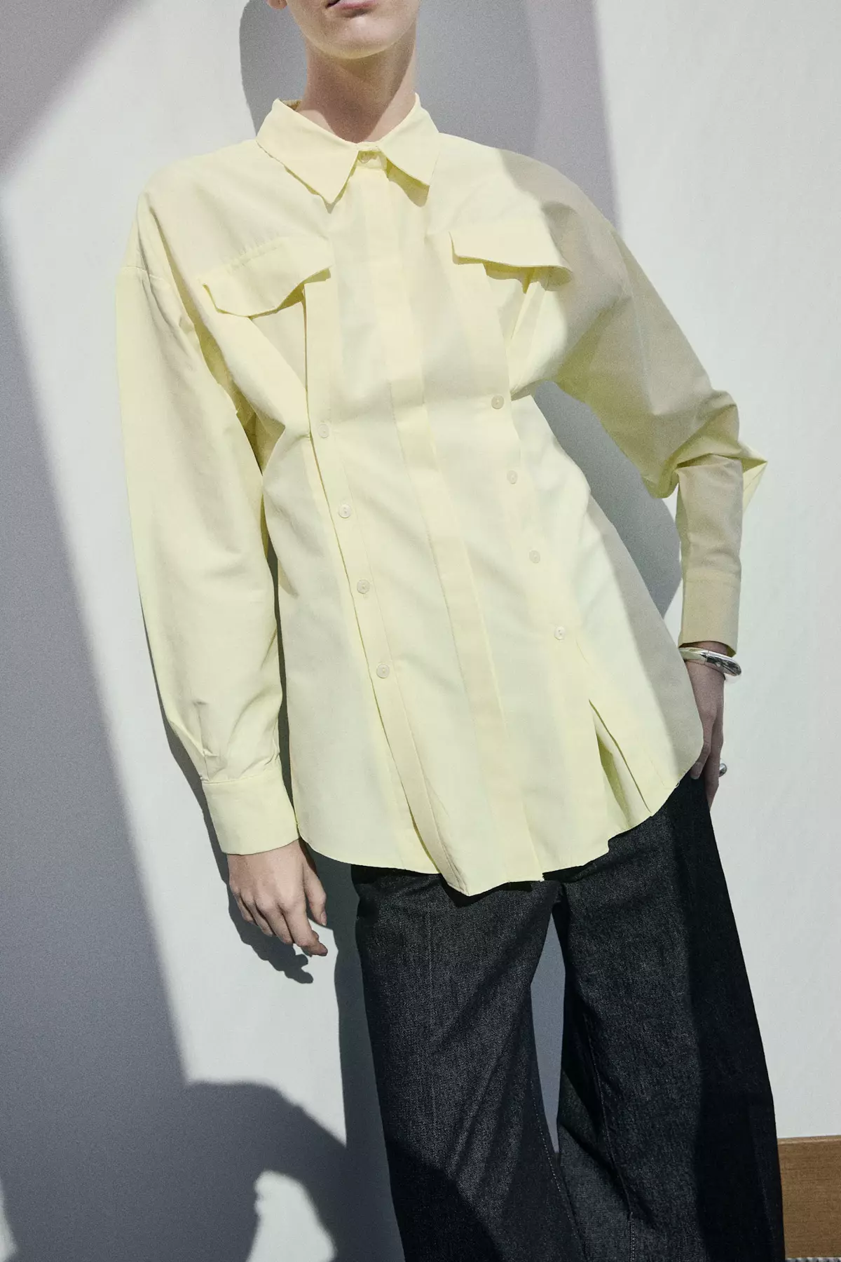 Light Yellow Cotton Pack Front Double-Patch Detailed Fitted/Waist-Fitting Cotton Pack Shirt Tctss26Tg00016