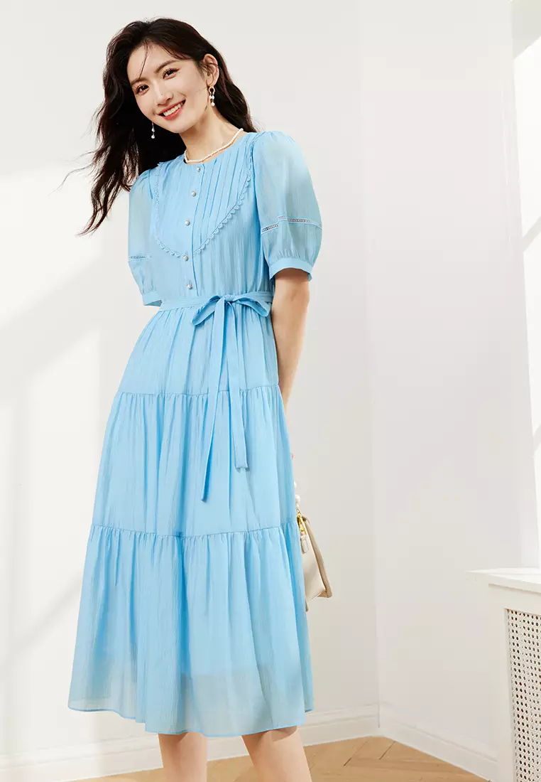 Pleated Button-Front Puff Sleeve Dress