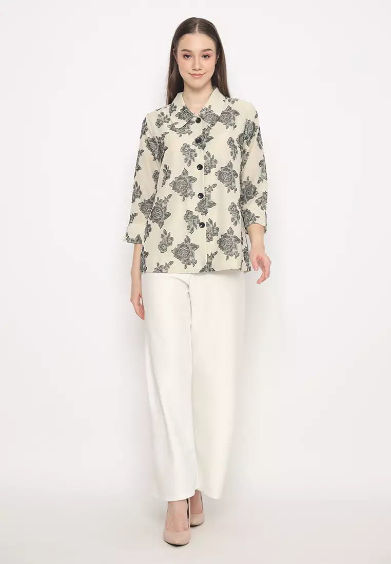 Shirt With Rose Pattern Green And Cream By Brilliant Girl Warna Cream