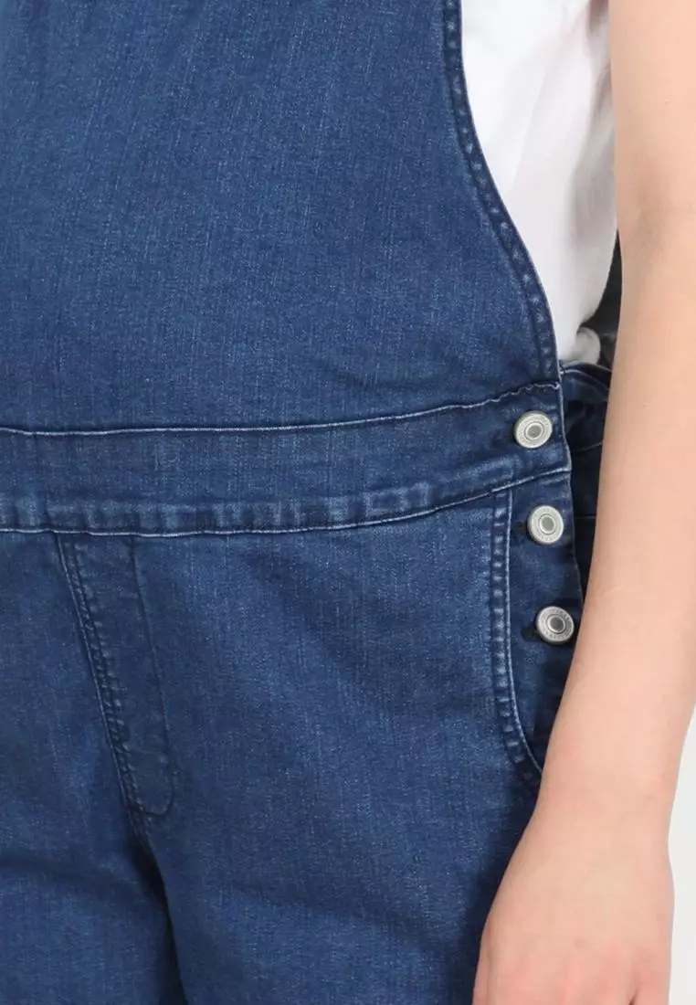 帶側扣藍色孕婦裝牛仔背帶褲