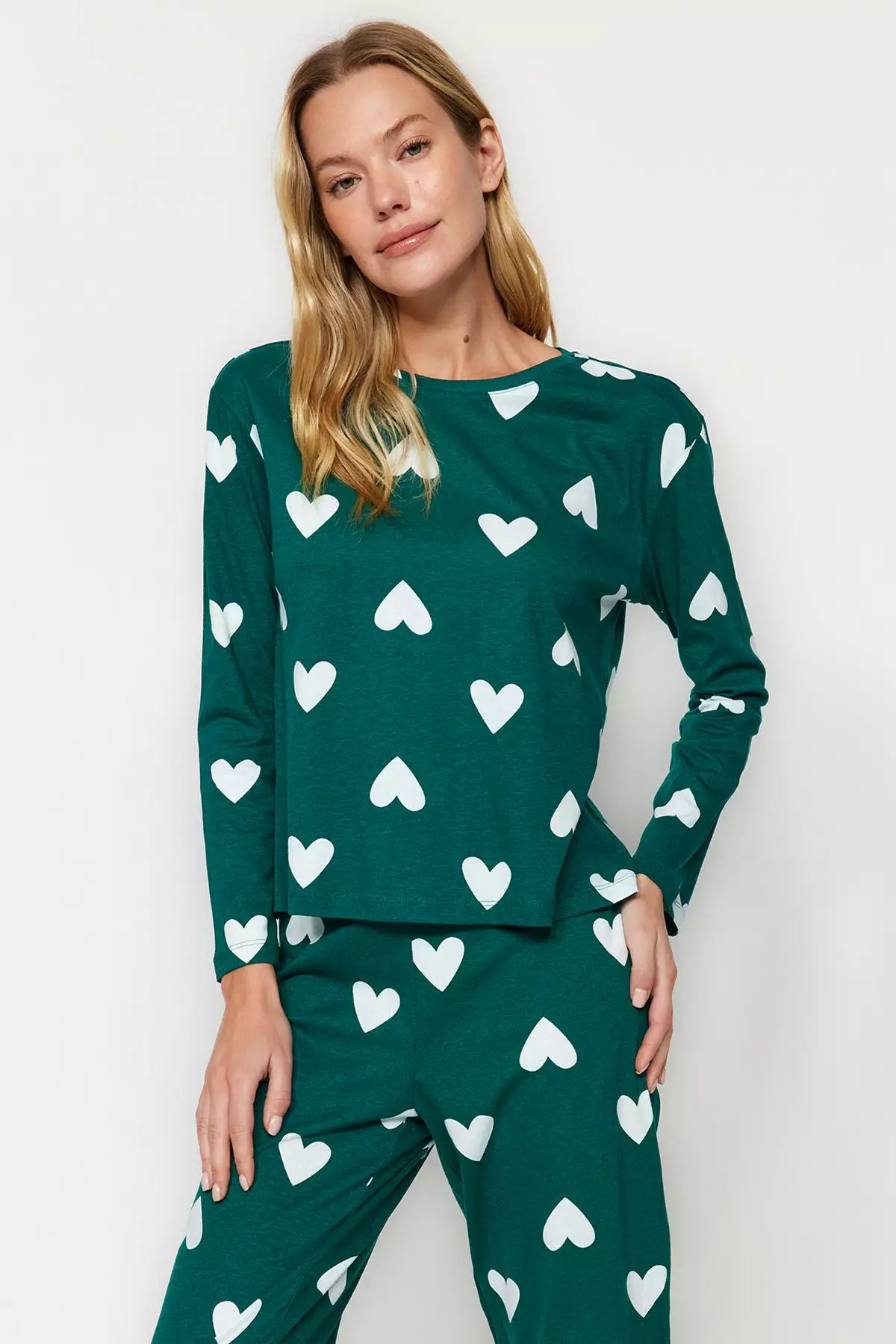 Emerald Green 100% Cotton Heart Knitted Pajama Set THMAW21PT0566