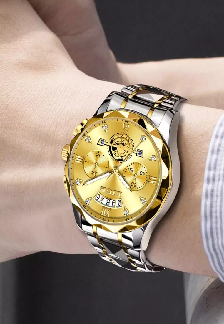 计时码表男女通用 IP 金色和不锈钢石英表，日期，不锈钢表带