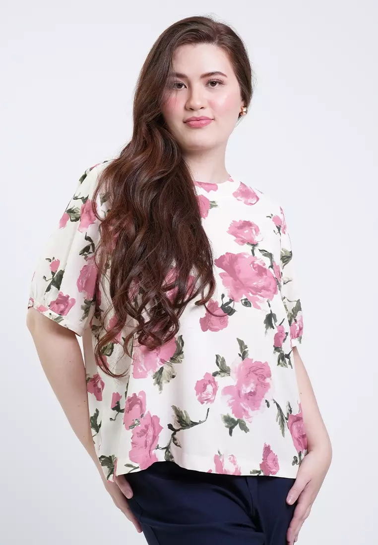 Milly Plus Size Alissa Puff Sleeve Boxy Floral Blouse