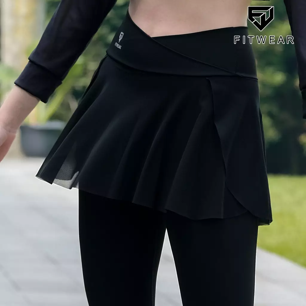 Fitwear Rok + Legging Olahraga Padel Wanita GRACE COMPRESSION MESH - BLACK V-WAIST