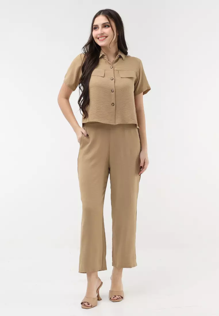 Wrinkled Thick Woven Short Sleeves Terno Pants