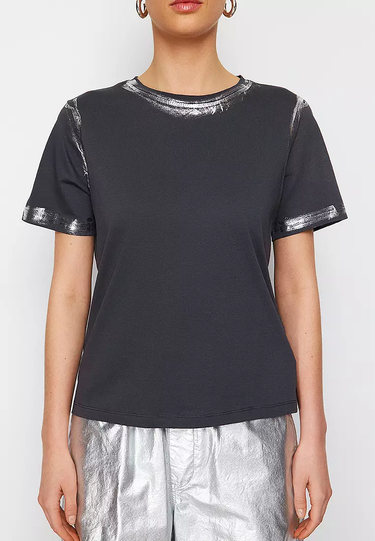 Anthracite Gilded Loose/Comfortable Pattern Knitted T-Shirt