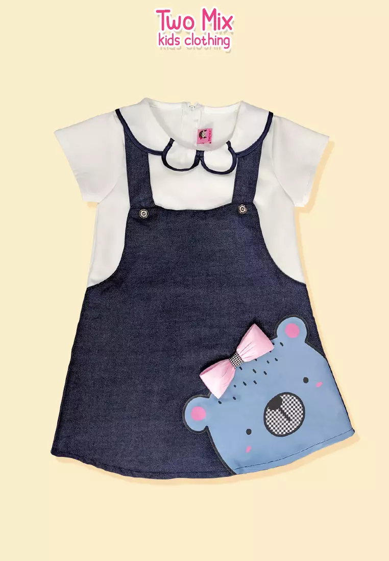 Two Mix Baju Anak Perempuan  - Dress Anak Cewek Fashion Bahan Jeans Digital Print Kelinci 4094 Beruang
