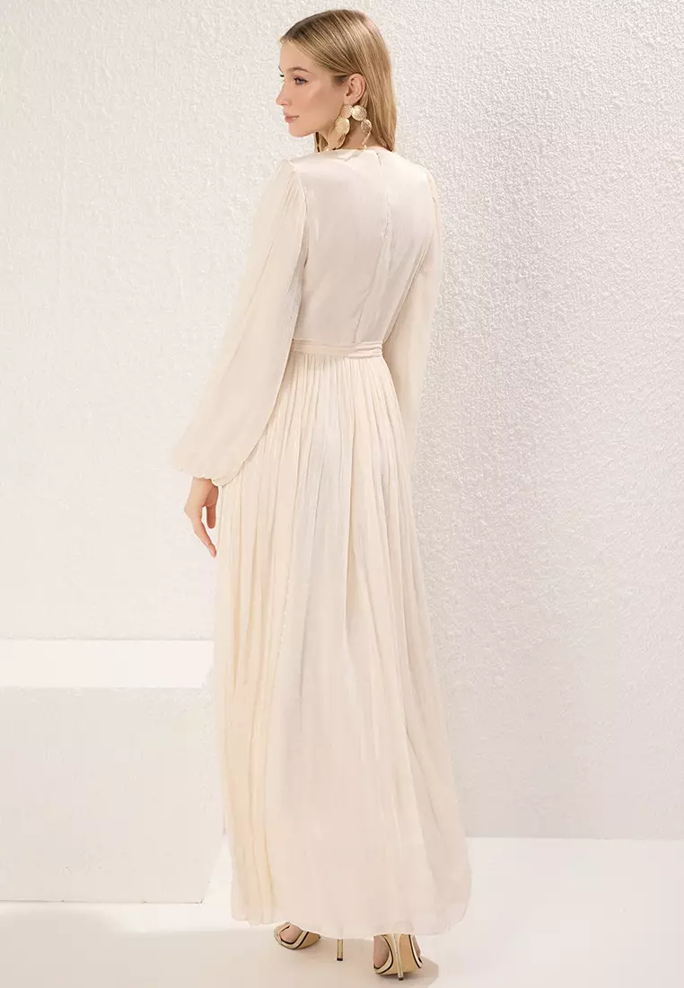 Ecru Belt Detail Glittery Lined Chiffon Wedding/Bride Evening Dress TCTAW25DB00012