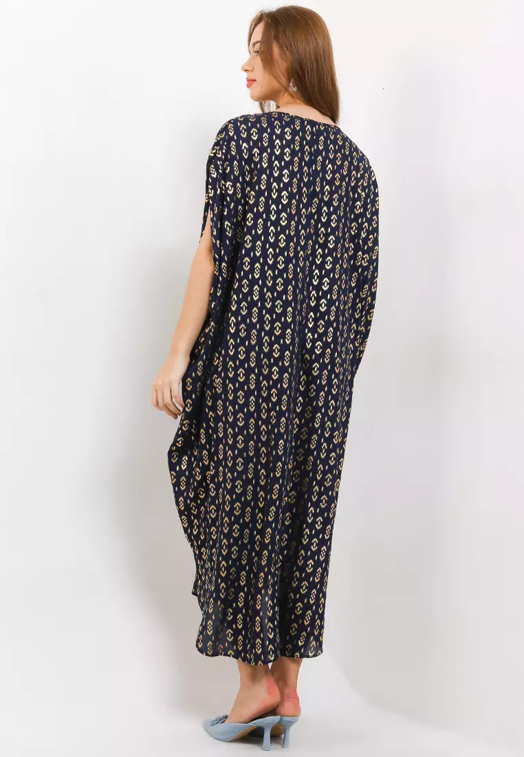 Gold Ethnic Print Ruched Kaftan