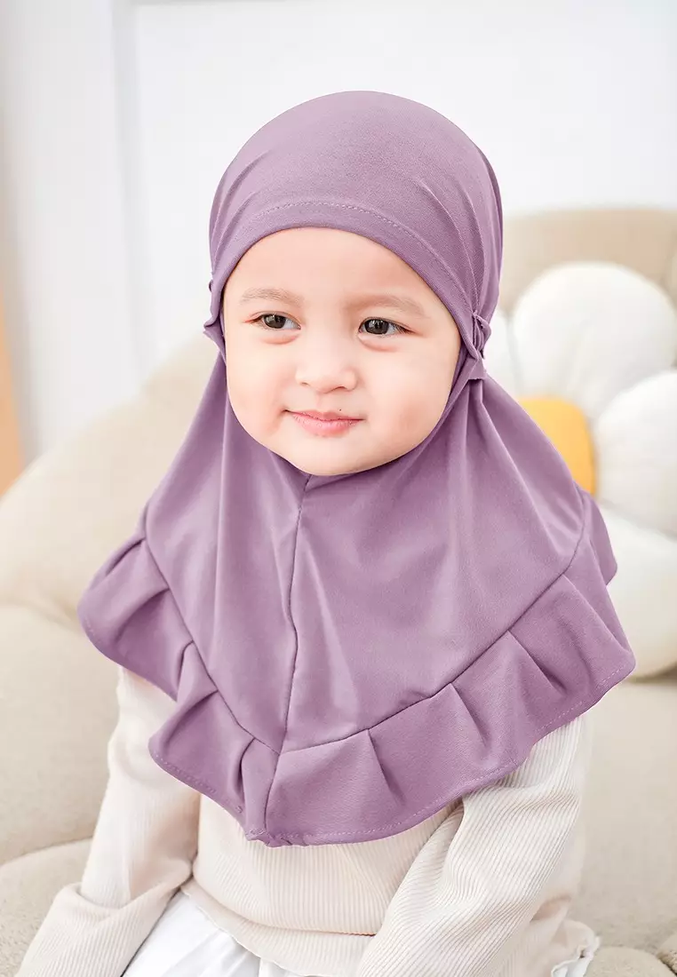Cotton Bee - Ziva Ruffle Instan | Hijab Instan Anak | Kerudung Jilbab Bergo Tali Anak - Purple Hebe - S