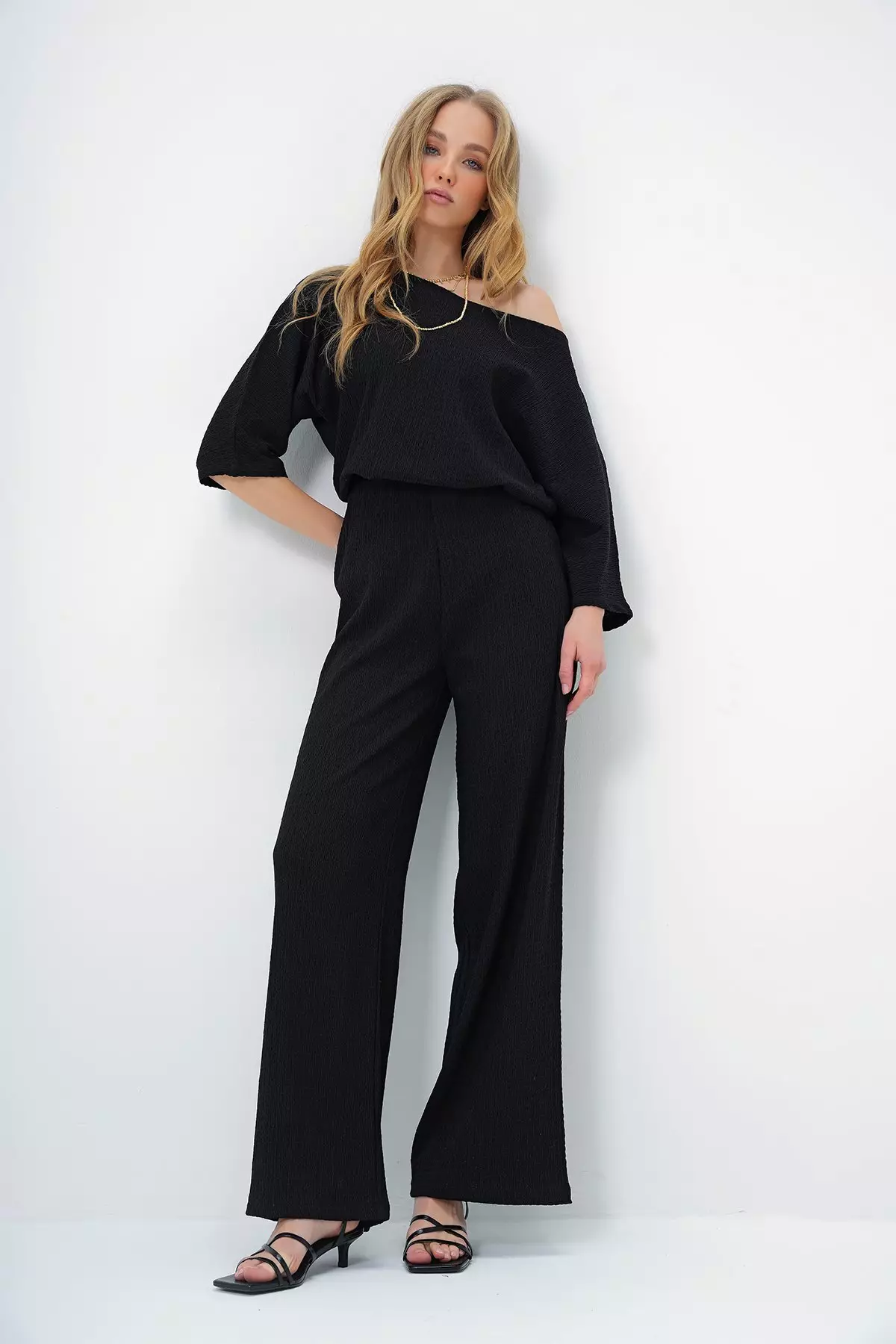 Women's Black Boat Neck Bat Sleeve Casual Blouse and Palazzo Pants Crepe Set