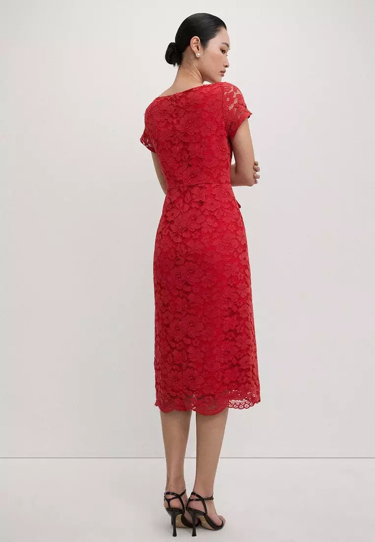 Lace Button-Up Midi Dress - Red