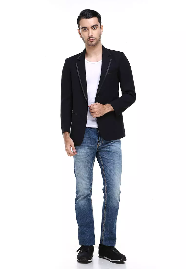 Woreq Jas Blazer Pria Pockets 2 IN 1 Collar Stripe Formal Suit Material High Twist ORIGINAL - Black