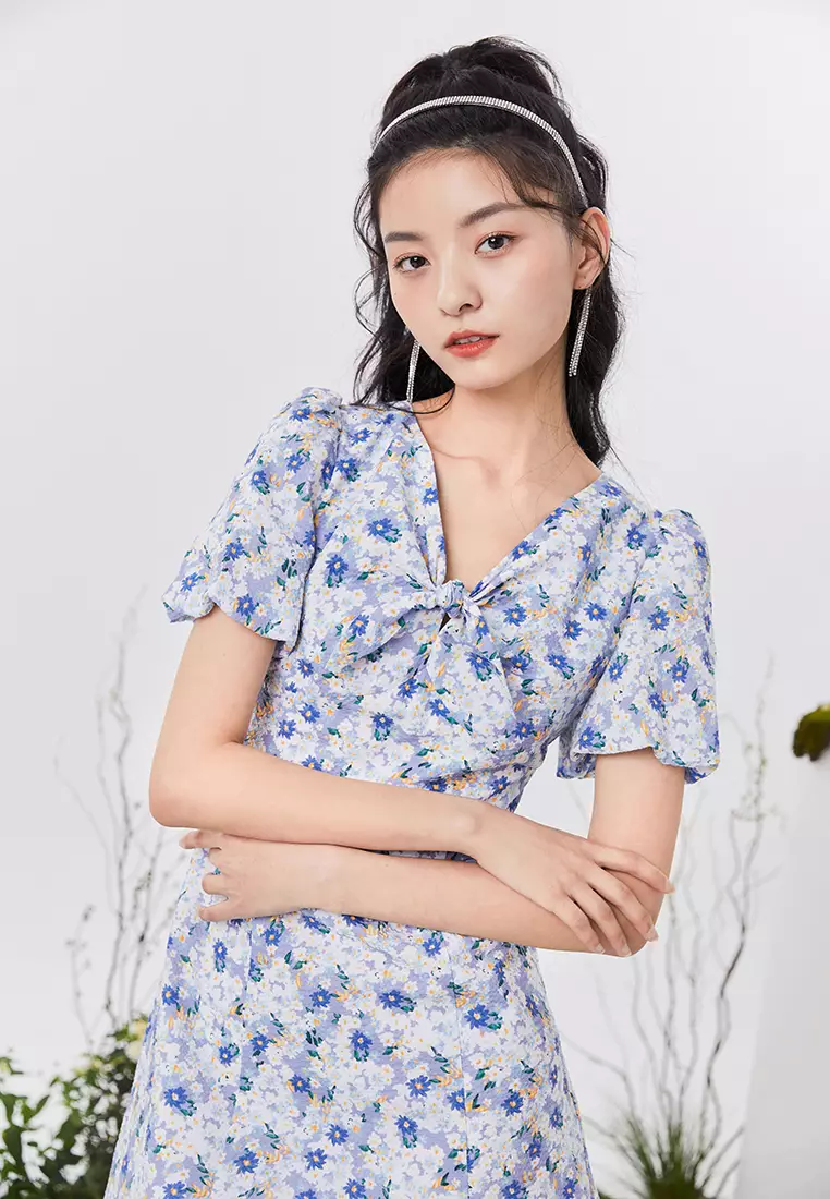 V-Neck Textured Floral Mini Dress