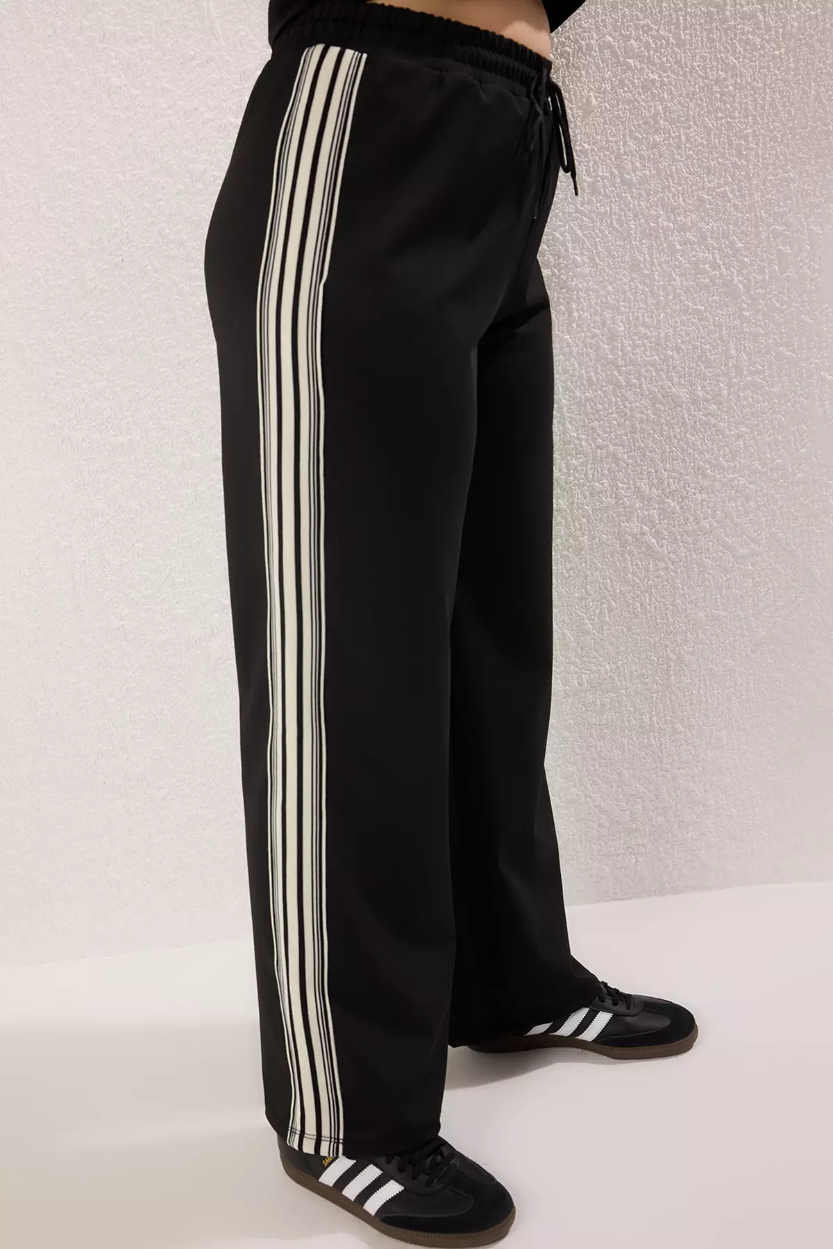 Black High Waist Striped Diving/Scuba Fabric Sports Knitted Sweatpants