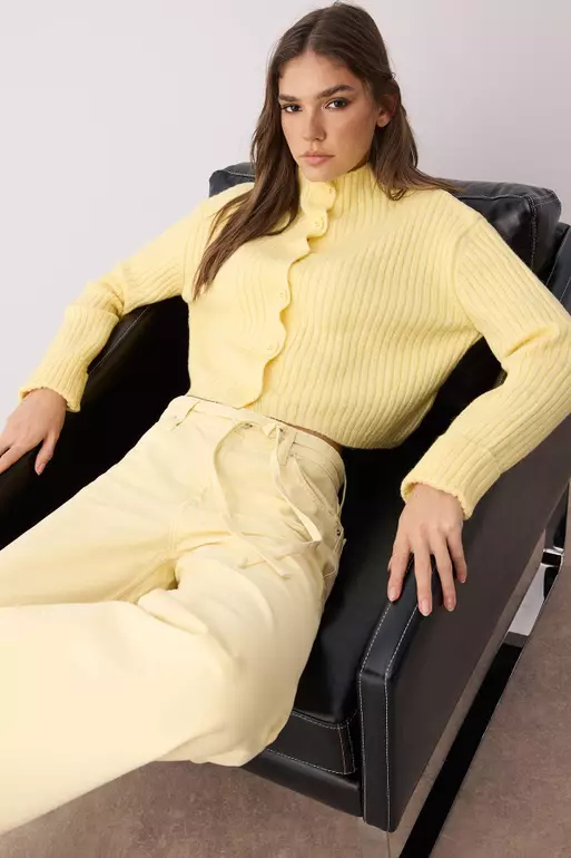 Yellow Crop Soft Textured Stand Collar Knitwear Cardigan