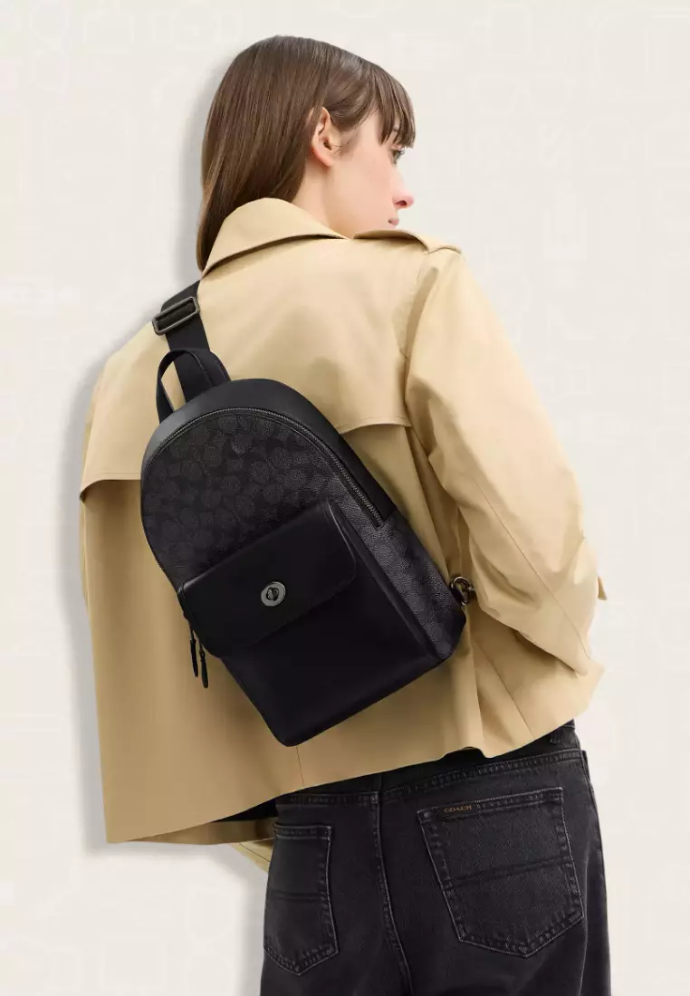 Coach Turnlock Sling Pack In Signature Canvas Charcoal Black