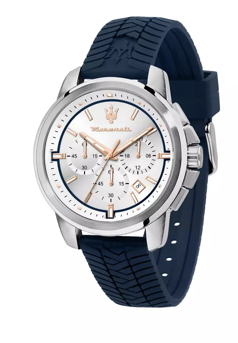 【2 Years Warranty】 Maserati Successo 44mm Blue Silicon Men's Quartz Watch R8871621013 With Luminous Dial Hands