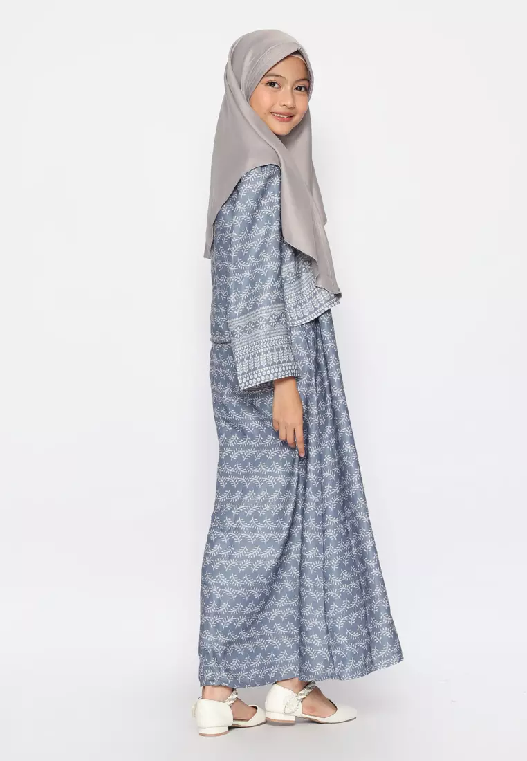 Baju Gamis Anak Perempuan Daun Kecil Navy With Model - BEAUTY
