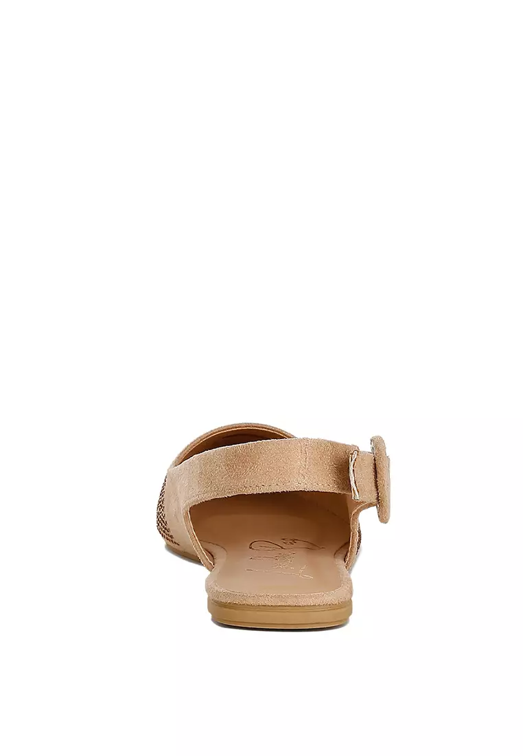 Beige Rhinestones Slingback Mules