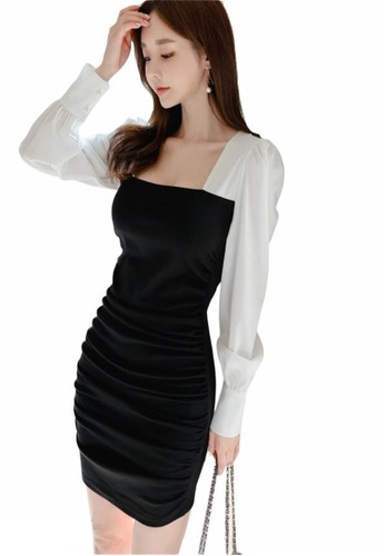 Crystal Korea Fashion black Korean-made new color-blocking slim-fit pleated dress 8E336AA61711A4GS_1