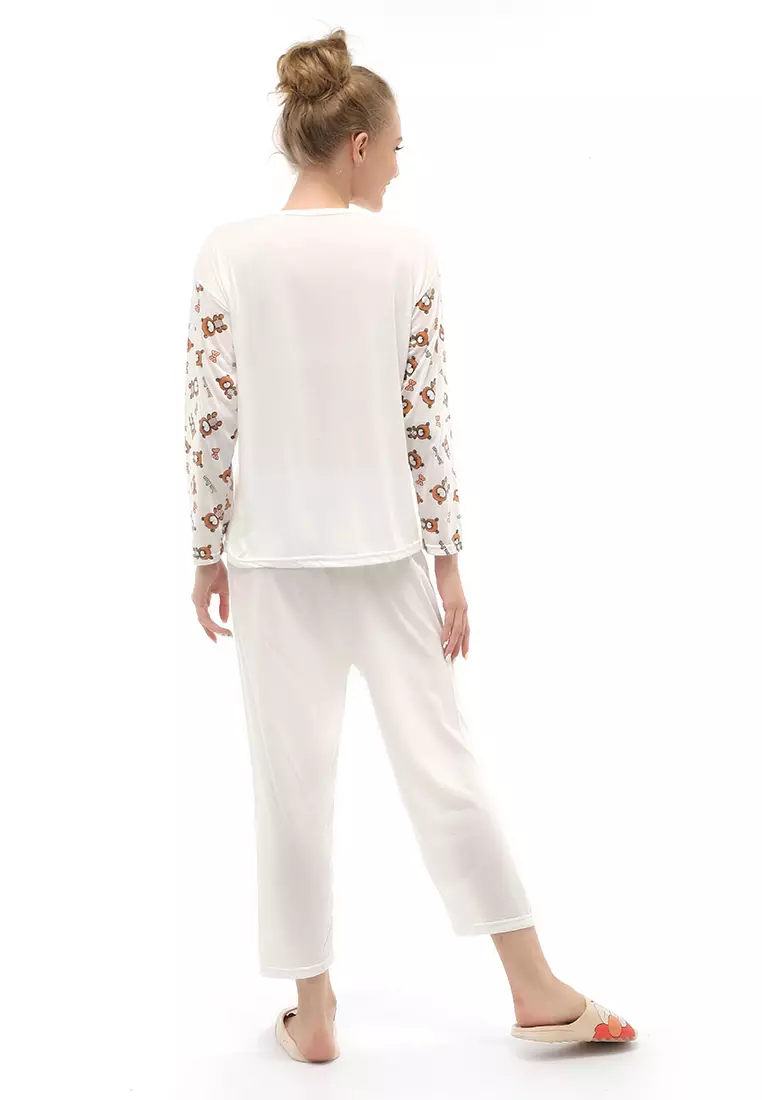 Vance Setelan Piyama Baju Tidur Wanita Lengan Panjang Motif And Bear Material Cotton ORIGINAL - White Cream