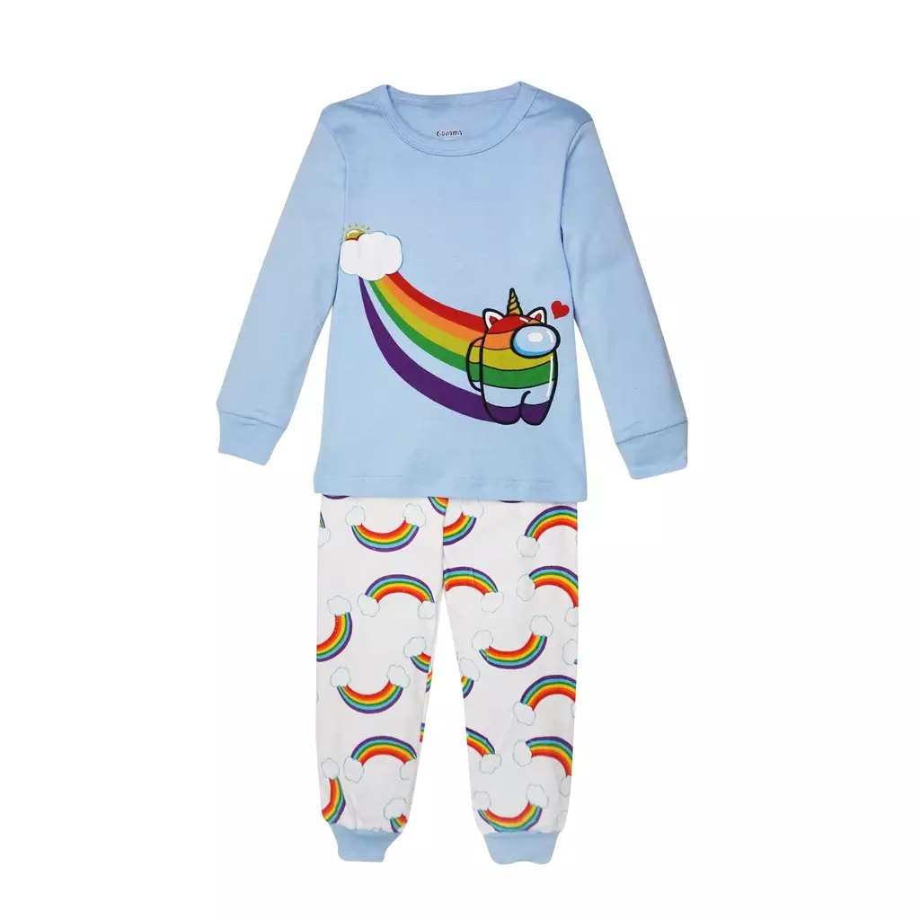 BAJU TIDUR PIYAMA ANAK SETELAN ANAK PEREMPUAN LENGAN PANJANG - among us cloud rainbow