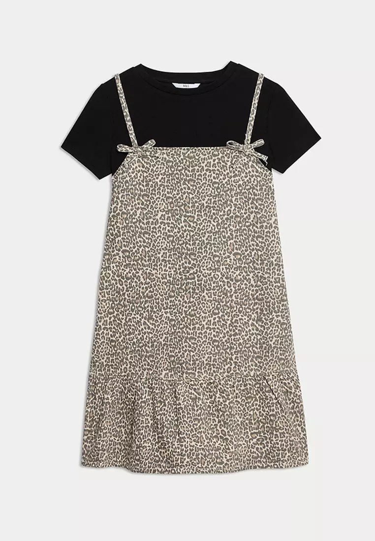 2pc Leopard Print Denim Dress Outfit