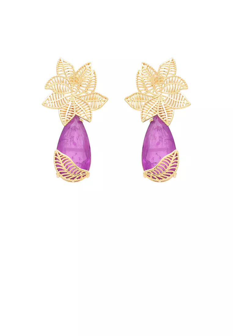 Fashion and Elegant Plated Gold Hollow Flower Water Drop shaped Stud Earrings with Purple Cubic Zirconia