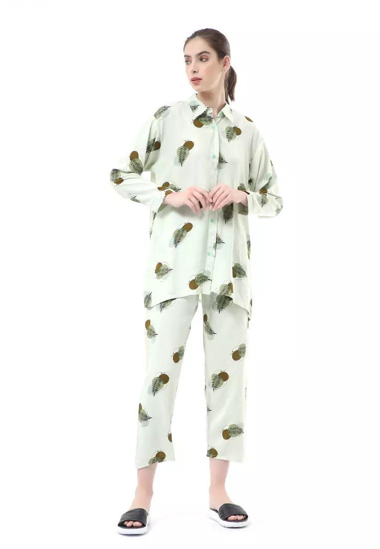 Nayra One Set Setelan Kemeja Wanita Lengan Panjang Leaf Motive Full Kancing Material Rayon ORIGINAL - Green