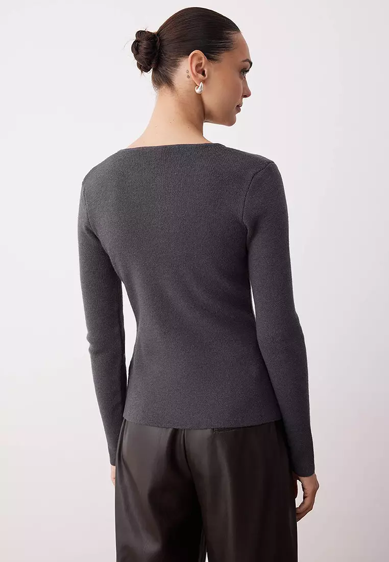 Anthracite Premium Yarn/Special Yarn Fitted/Fits The Body Wool Knit Cardigan Twoaw26Hi00046