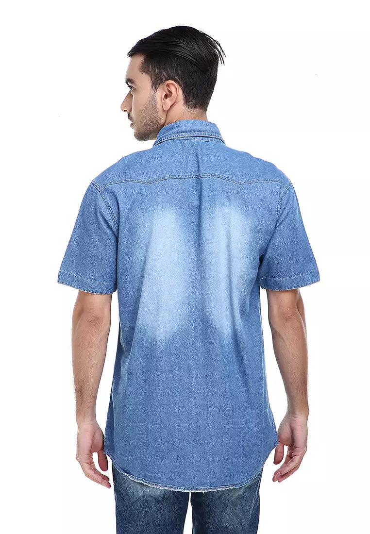 Dwan Baju Kemeja Pria Lengan Pendek Casual Shirt Two Pockets Material Jeans ORIGINAL - Blue