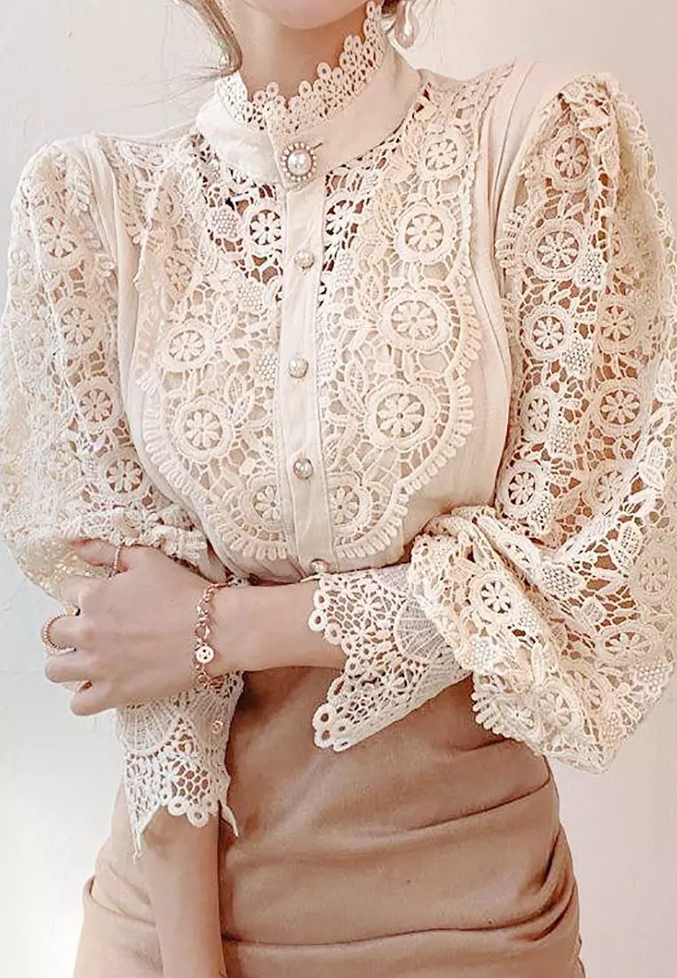 VANSA Lace Cutout Long Sleeve Shirt VCW-Bs1880