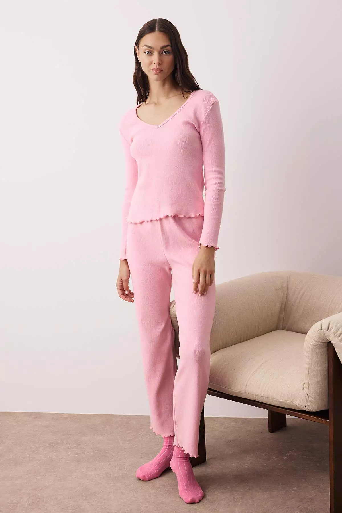 Pink V Neck Baby Overlock Soft Tuuse Brushed Winter Rib Knitted Pajamas Set