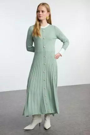 Color Blocked Mint Pleated Knitwear Dress - Tctaw25Eb00092