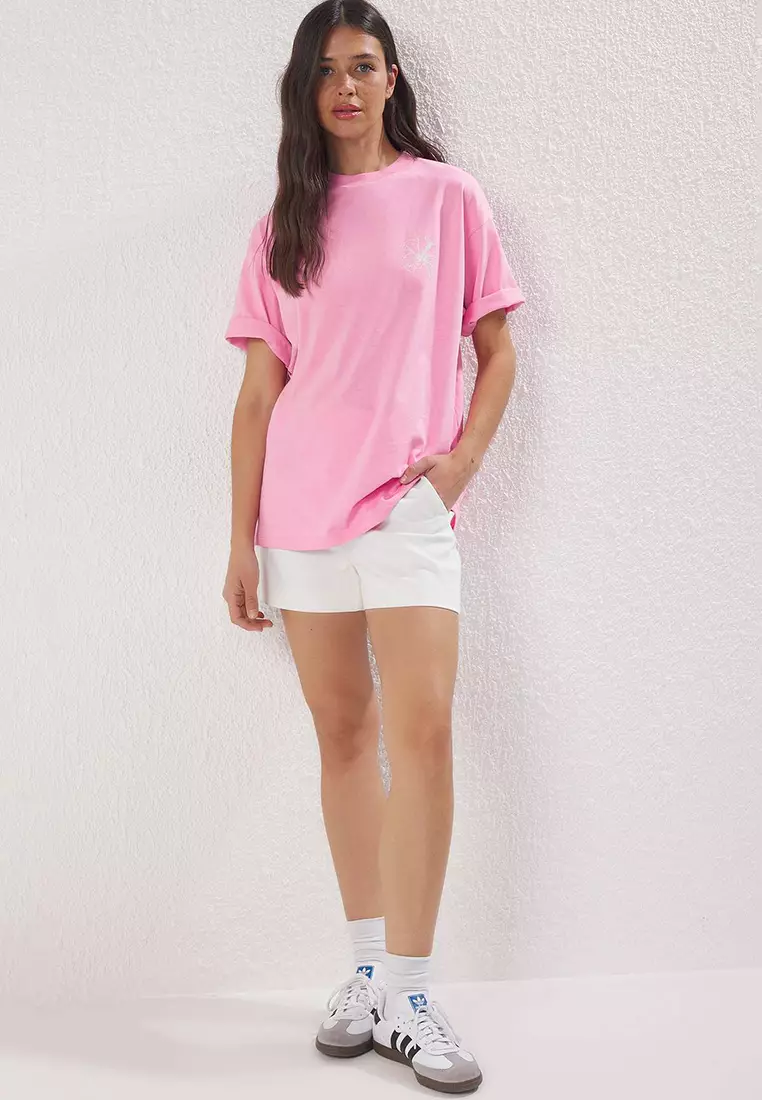 Light Pink 100% Cotton Oversize/Wide Pattern Front Back Printed Knitted T-Shirt TWOSS25TS00059