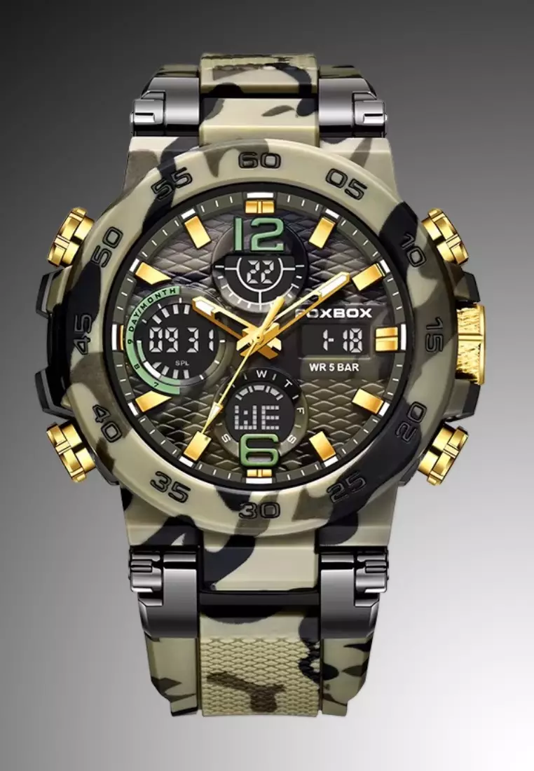 FOXBOX Military Style Chronograph, Unisex Digital/Analogue Quartz Watch, Camouflage Silicone
