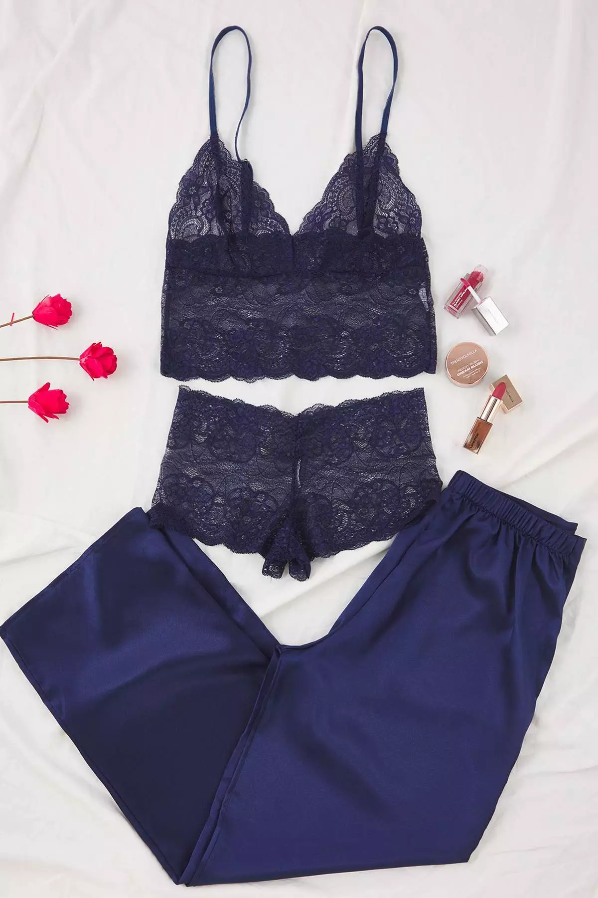 Navy Blue 3-Piece Dowry Set Lace Top, Satin Bottom Suspender Panty Woven Pajama Set