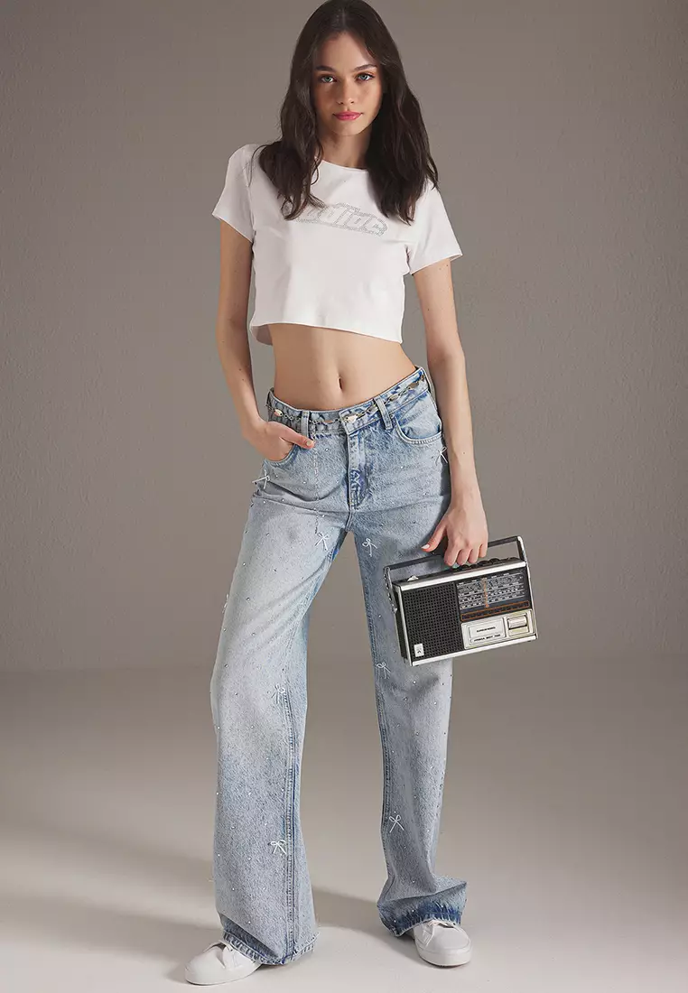 Blue Ribbon/Bow Detailed Stoned Normal Waist Wide Leg Jeans TWOSS25JE00234
