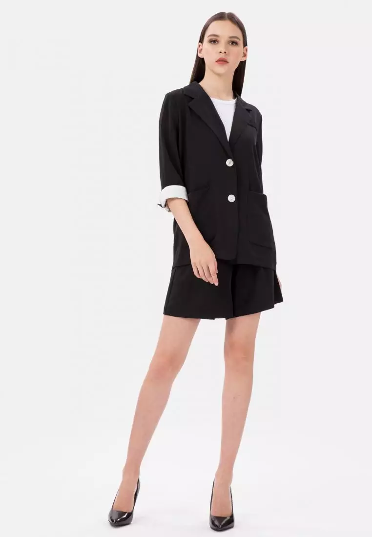 Mid Sleeve Pocket Blazer Set in Black