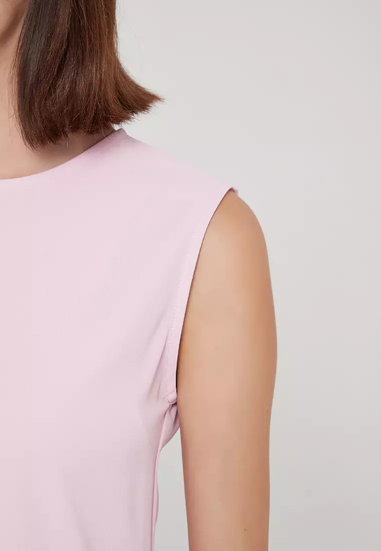 时尚气质高端简约无袖圆领荷叶边背心连衣裙经典纯红哑光缎面连身裙 B22041208PI