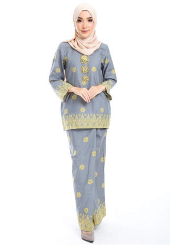 Cotton Modern Kurung With Songket Print (Tabur) from Kasih in Grey and Yellow