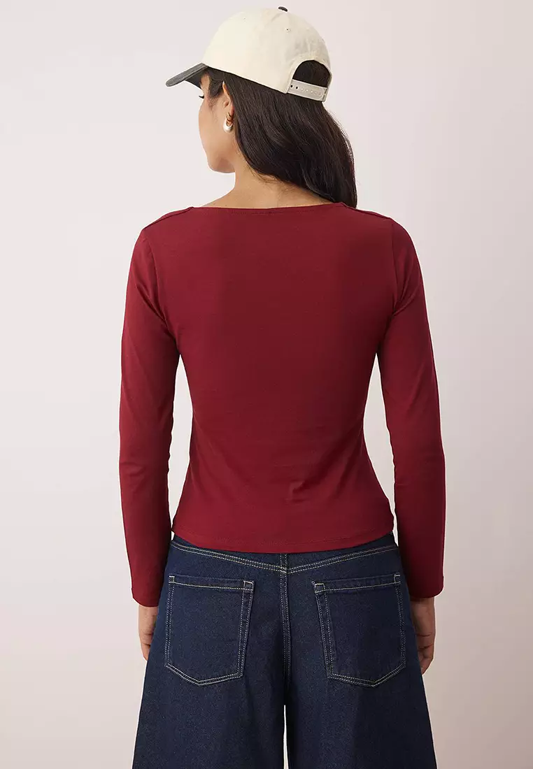 Burgundy Cotton Flexible Square Collar Fitted/Body-Smoothing Knitted Blouse Twoaw24Bz00016