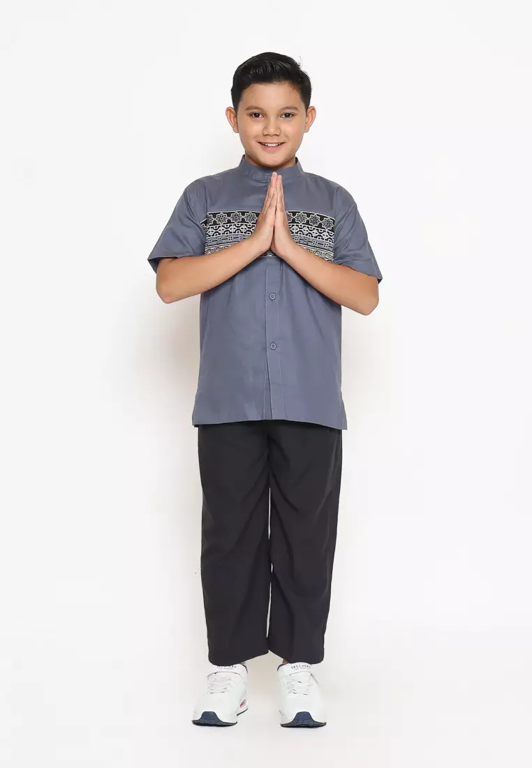 Baju Koko Set Anak Laki Bordir Stone Grey - GENUINE