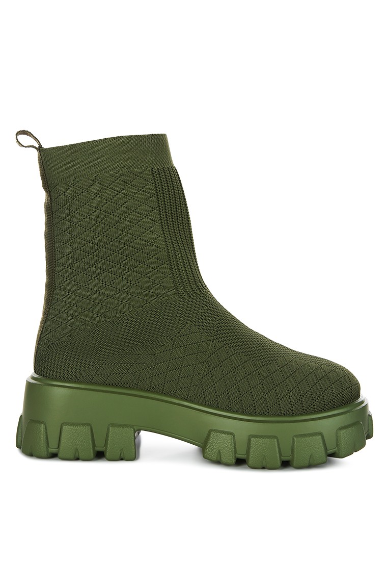 Khaki Stretch Knit Ankle Boots