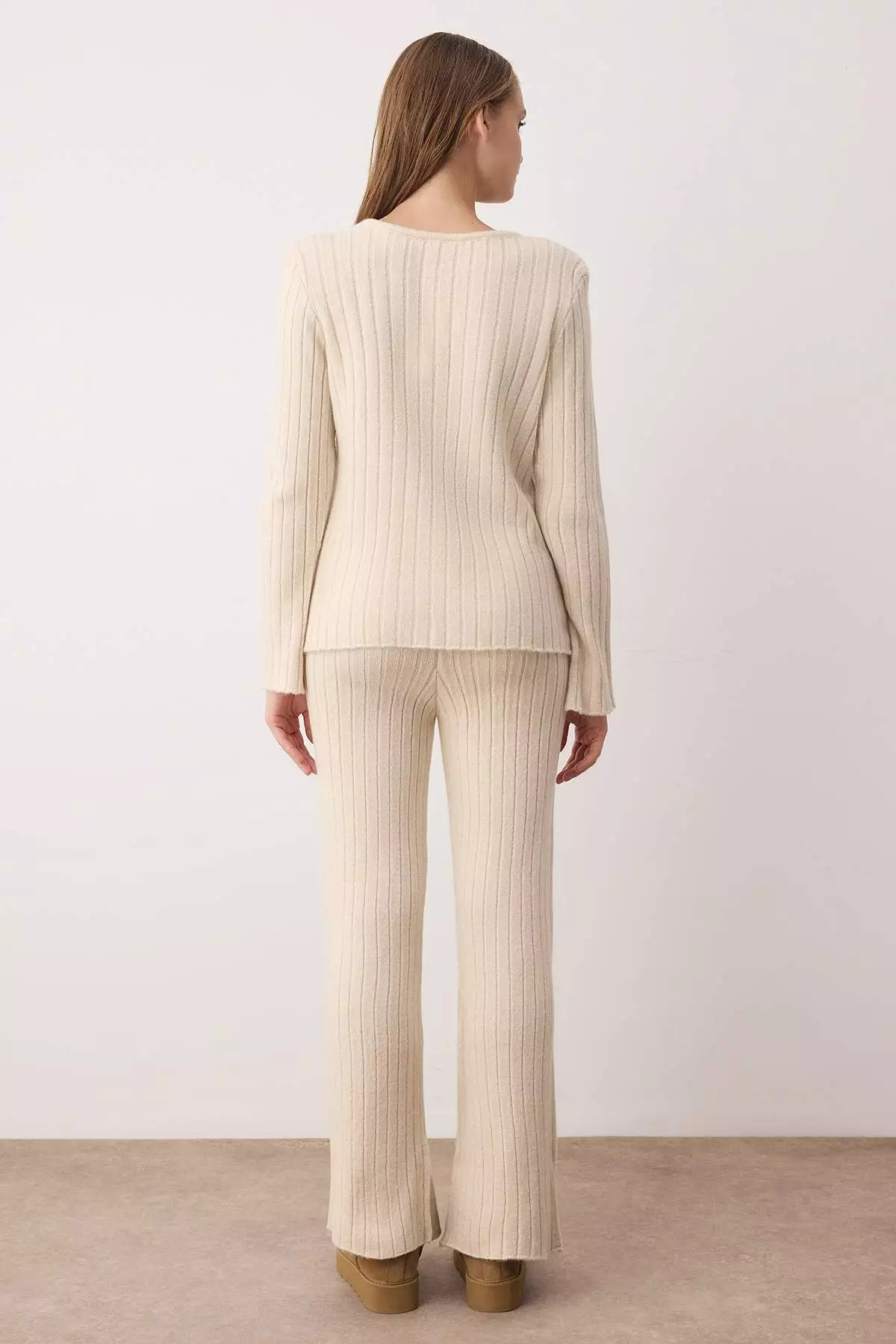 Stone Soft Textured Sweater-Pants Knitwear Bottom-Top Set Twoaw26Au4