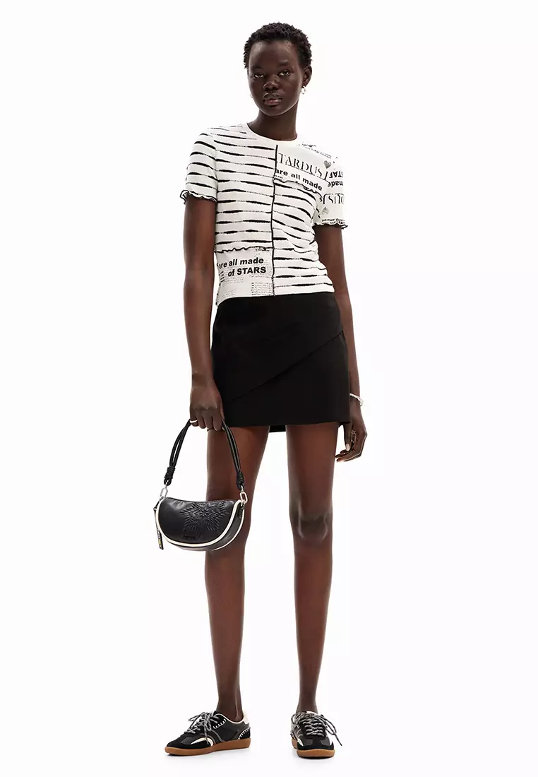 Desigual Woman Striped patchwork newspaper T-shirt.
