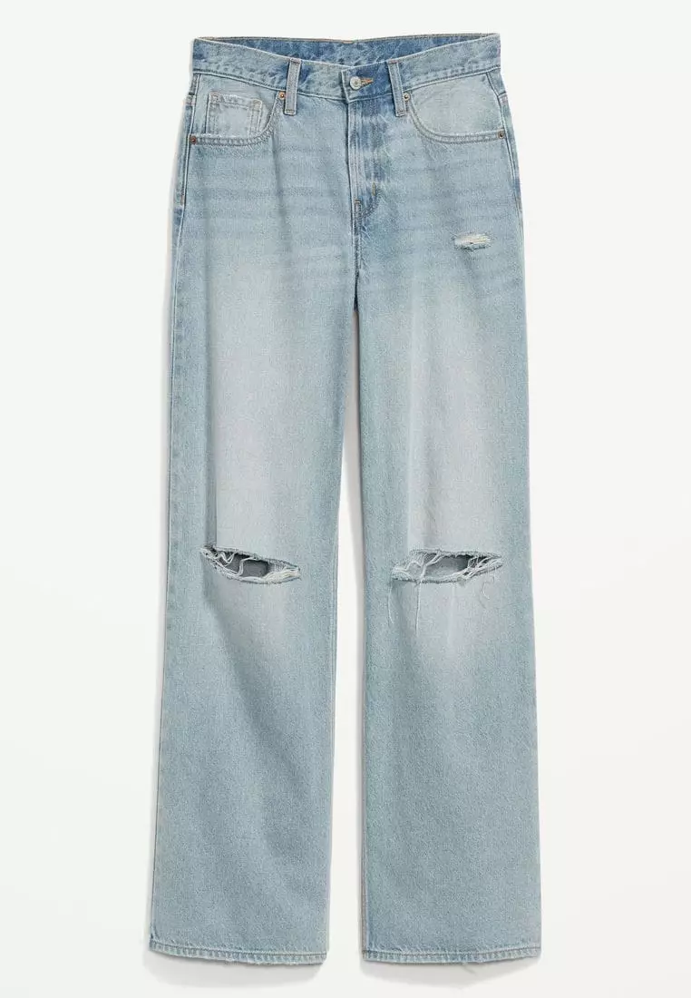Mid-Rise Baggy Wide-Leg Non-Stretch Ripped Jeans For Women