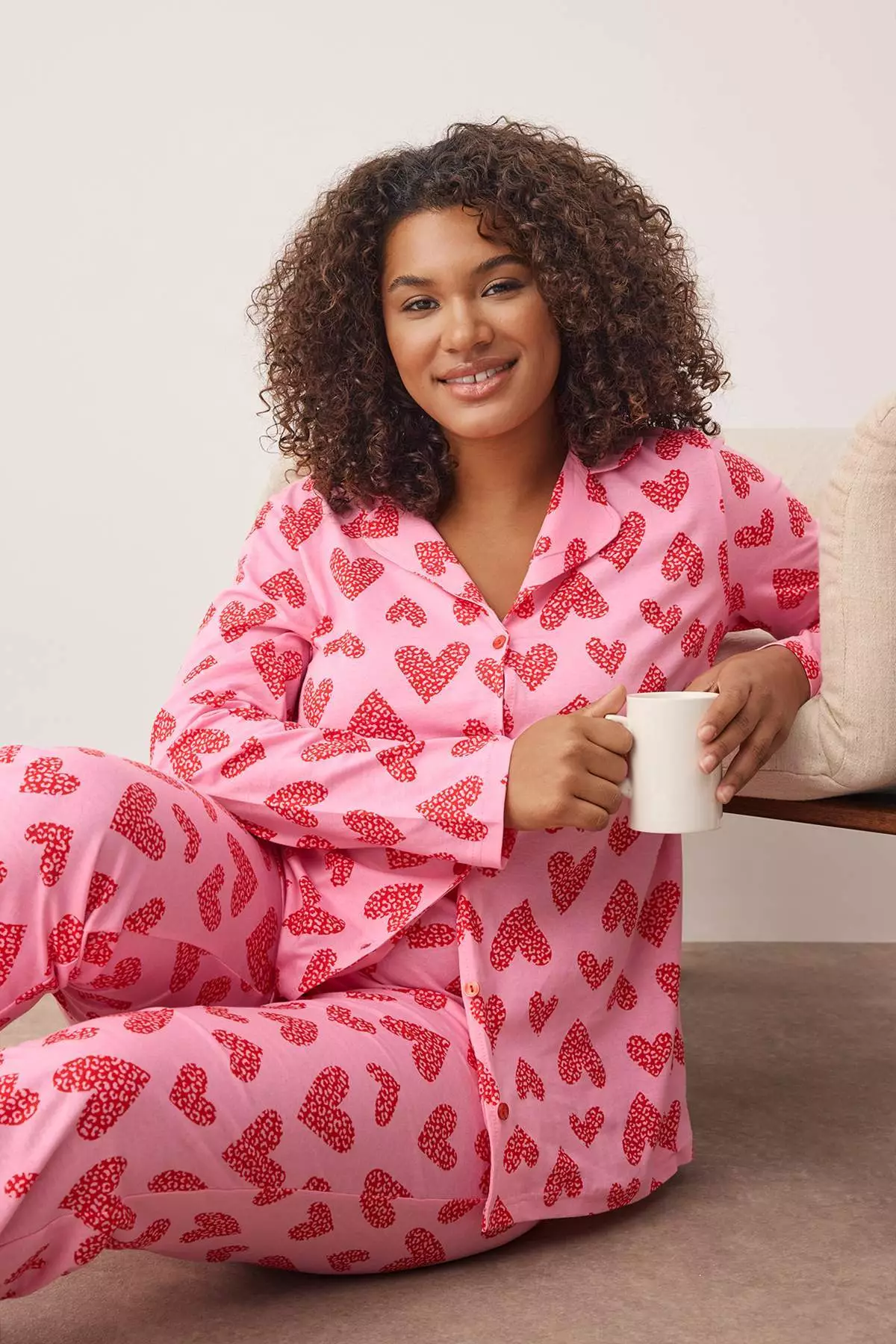 Pink 100% Cotton Heart & Leopard Patterned Shirt-Pants Knitted Pajama Set Tbbaw26Ai00017