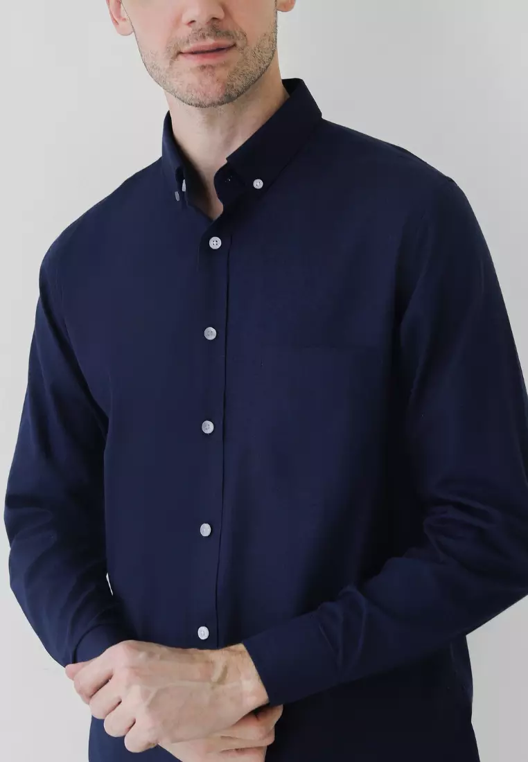 Cotton Well Marc Long Sleeve Oxford Shirt Navy | Kemeja Pria Lengan Panjang Basic Polos Biru Dongker Nevi